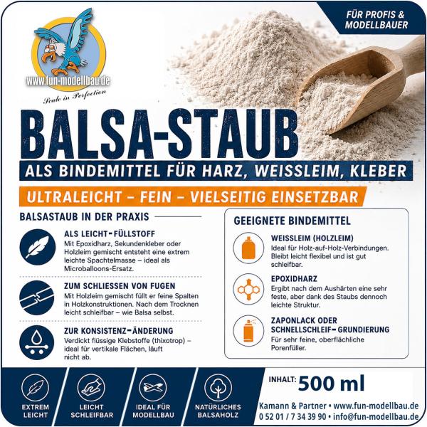 Balsa-Staub Bindemittel für Weißleim, Harz, Kleber, 500 ml